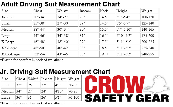 crow enterprizes driving racing fire suits sizing chart