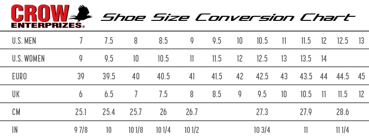 crow enterprises racing shoe size conversion chart