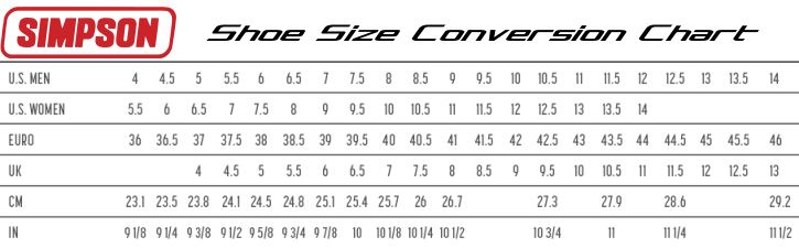 simpson racing products shoe size conversion chart