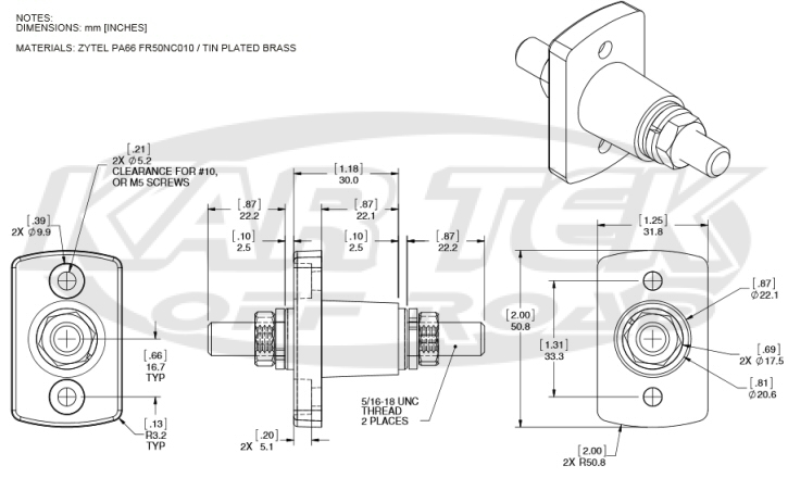 Blue Sea Systems 2201 and 2202 fire wall battery terminal feed through dimensions