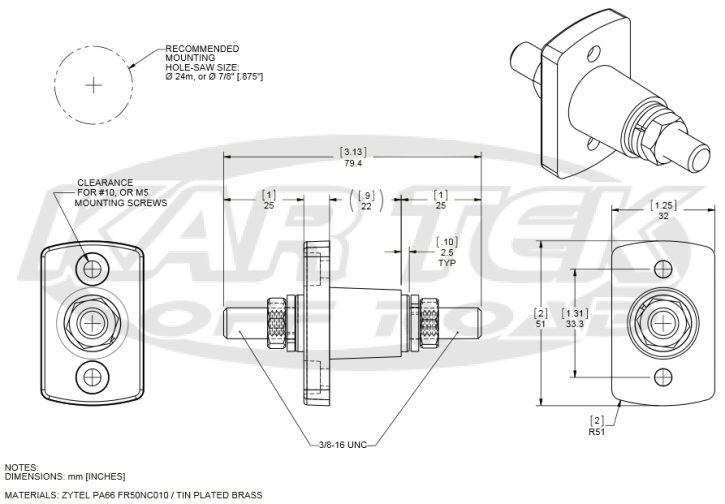 Blue Sea Systems 2203 and 2204 fire wall battery terminal feed through dimensions