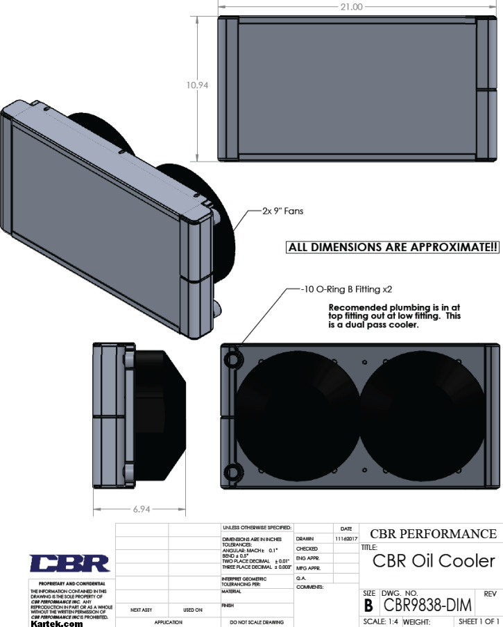 cbr 98338 large dual pass aluminum oil cooler with fans dimensions