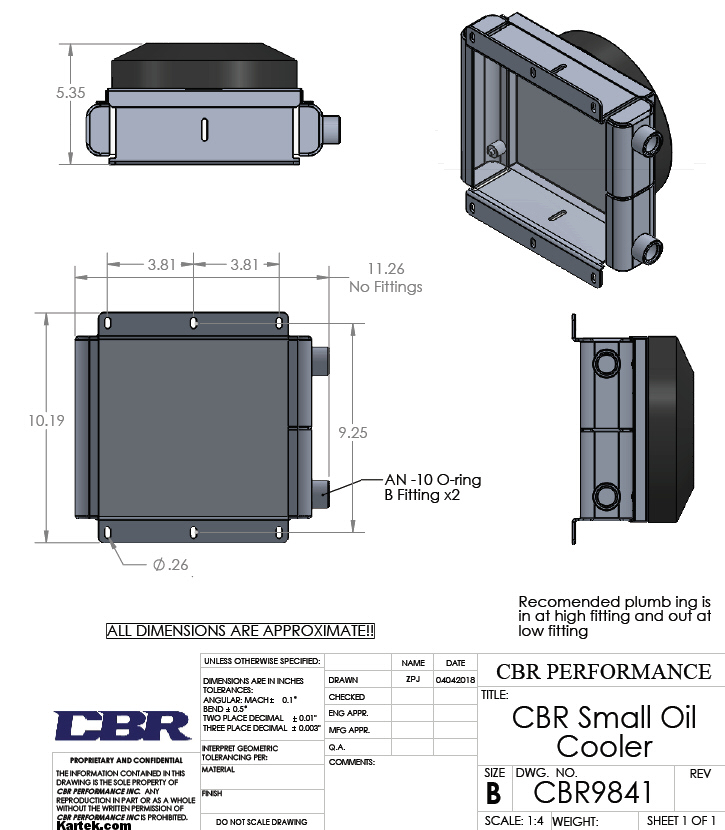 cbr 9841 small dual pass aluminum oil cooler with fan dimensions