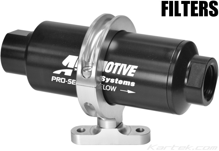 Aeromotive 11703 billet aluminum clamp bracket on 12302 100 micron black pre fuel filter example Aeromotive 11703 billet aluminum clamp bracket on 12302 100 micron black pre fuel filter example