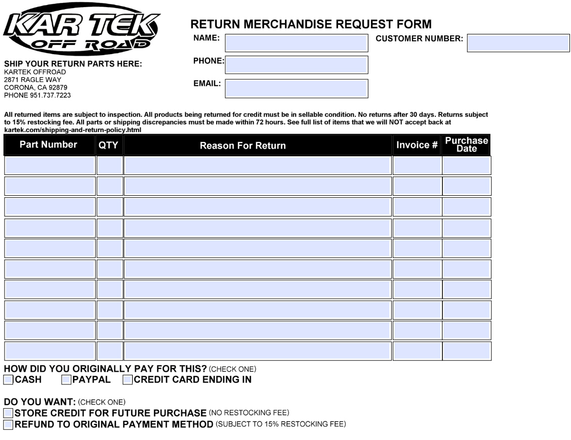 Kartek return parts form