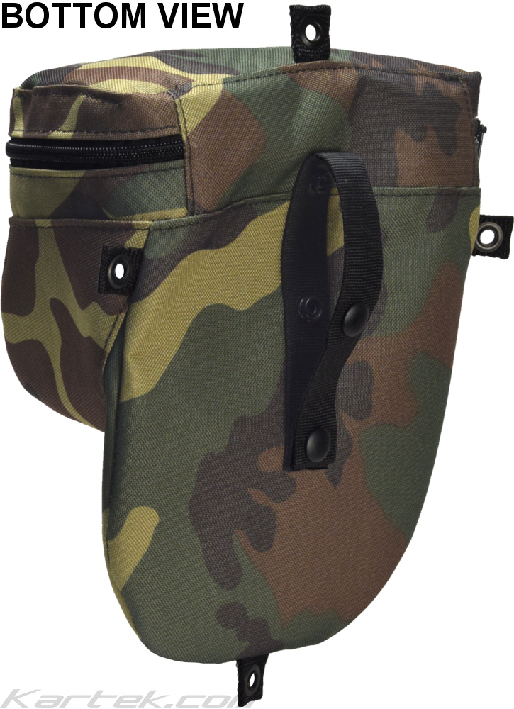 Green camouflage nylon OG Hat Sack with multiple mounting tabs and a rollbar or handlebar strap bottom view