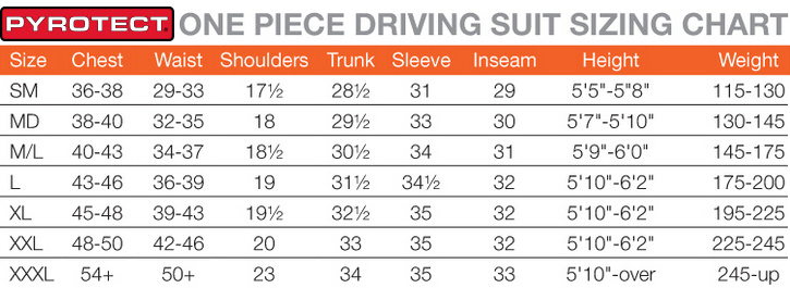 pyrotect adult size driving racing fire suits sizing chart