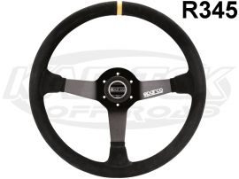 スパルコ ステアリング R345 ブラックレザー　350mm ディッシュ63mm Sparco USA R345 Blk Suede Round Steering Wheel With Yellow Stripe