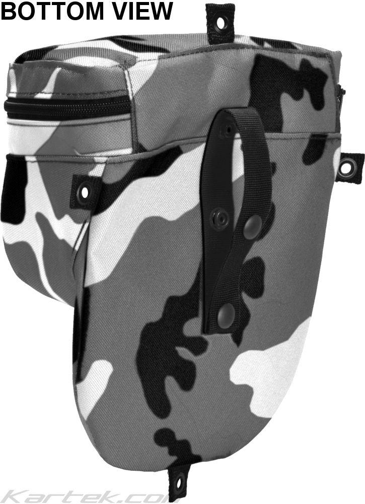 White camouflage nylon OG Hat Sack with multiple mounting tabs and a rollbar or handlebar strap bottom view