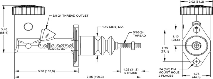 wilwood replacement brake or clutch master cylinders for girling neal or cnc pedal assemblies dimensions