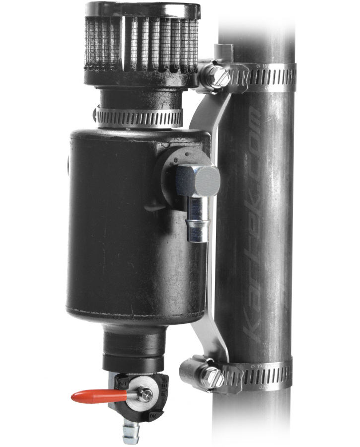 Jaz Products 605-375-01 black polyethylene engine crankcase breather canister with two inlets and an oil drain
