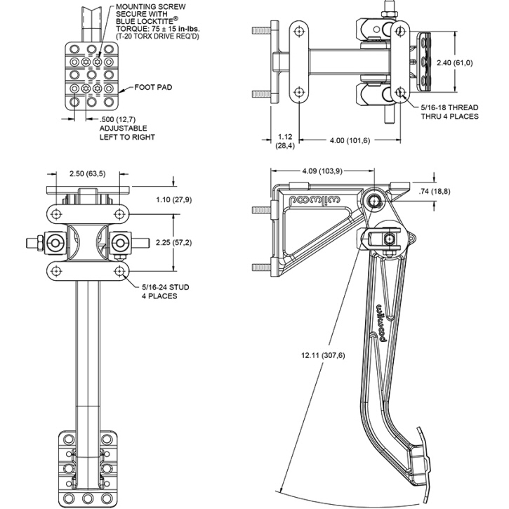 Wilwood 340-13832 forward swinging mount dual brake master cylinder pedal assembly for two master cylinders dimensions