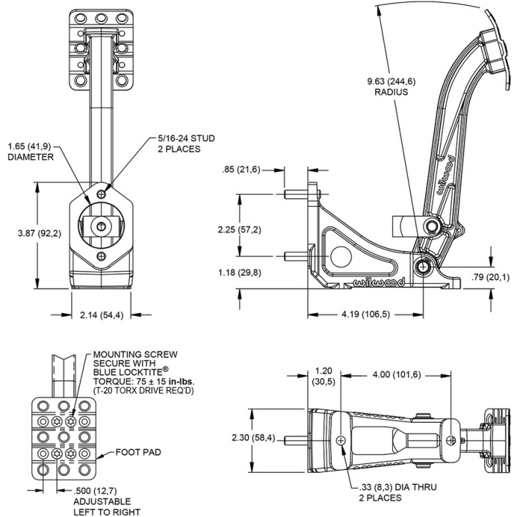 Wilwood 340-13833 floor mount single brake master cylinder pedal assembly for one master cylinder dimensions