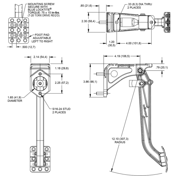 Wilwood 340-13834 forward swinging mount single brake master cylinder pedal assembly for one master cylinder dimensions