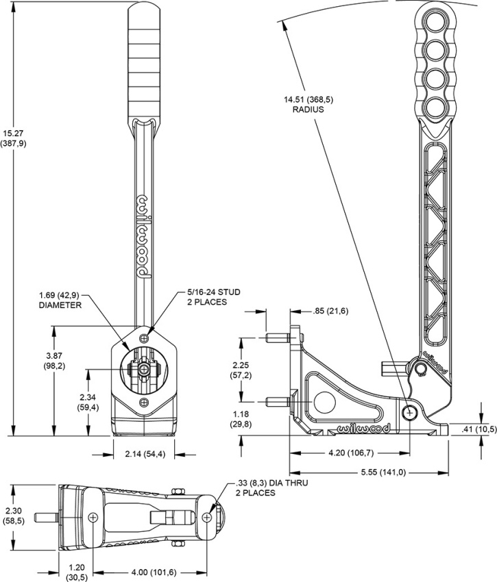 Wilwood 340-14769 single upright handle handbrake for drift cars drag racing rally cars and offroad racing dimensions